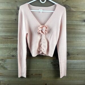Aerie Womens Sweater Long‎ Sleeve Cinch Tie Front Ribbed Flower Pink Soft Large